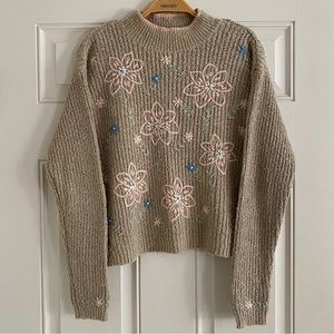 Vintage 90s Liz Sweater Turtleneck Cropped Tan Floral Embroidered Knit Fairy